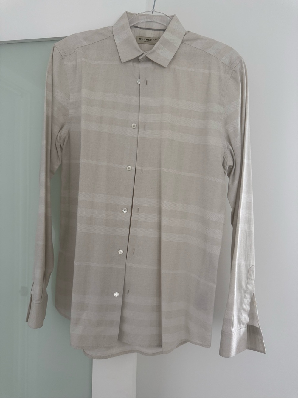 Like new! Burberry Men’s Long-Sleeve Dress Shirt - Light Taupe Stripe. Worn once